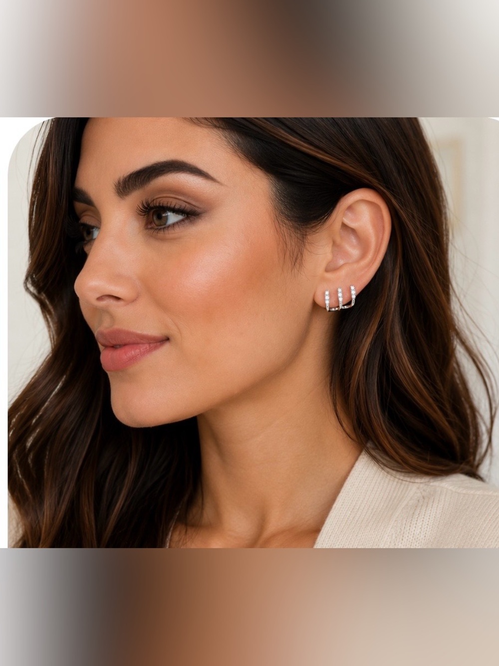 Silver Tone Triple-Bar Cubic Zirconia Ear Cuff Studs